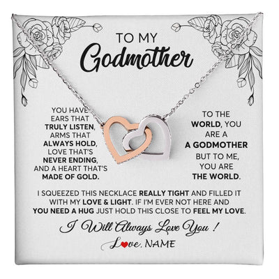Interlocking Hearts Necklace Stainless Steel & Rose Gold Finish | 1 | Personalized To My Godmother Necklace From Niece Hold This Close Feel My Love Godmother Birthday Mothers Day Christmas Customized Gift Box Message Card | siriusteestore