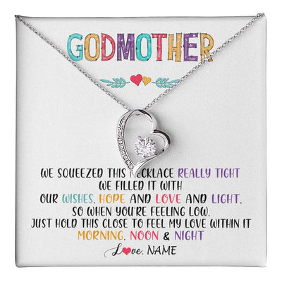 Forever Love Necklace 14K White Gold Finish | 1 | Personalized To My Godmother Necklace From Niece We Squeezed This Necklace Godmother Birthday Mothers Day Christmas Customized Gift Box Message Card | siriusteestore