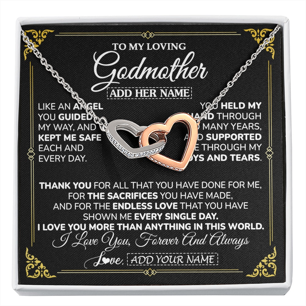 Interlocking Hearts Necklace Stainless Steel & Rose Gold Finish | 1 | Personalized To My Godmother Necklace Gifts Meaningful Gift To Aunt From Niece Without You There Is No Me Mothers Day Godmother Birthday Gift Box Message Card | https://siriusteestore.