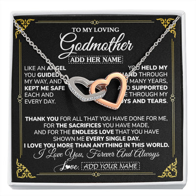 Interlocking Hearts Necklace Stainless Steel & Rose Gold Finish | 1 | Personalized To My Godmother Necklace Gifts Meaningful Gift To Aunt From Niece Without You There Is No Me Mothers Day Godmother Birthday Gift Box Message Card | https://siriusteestore.