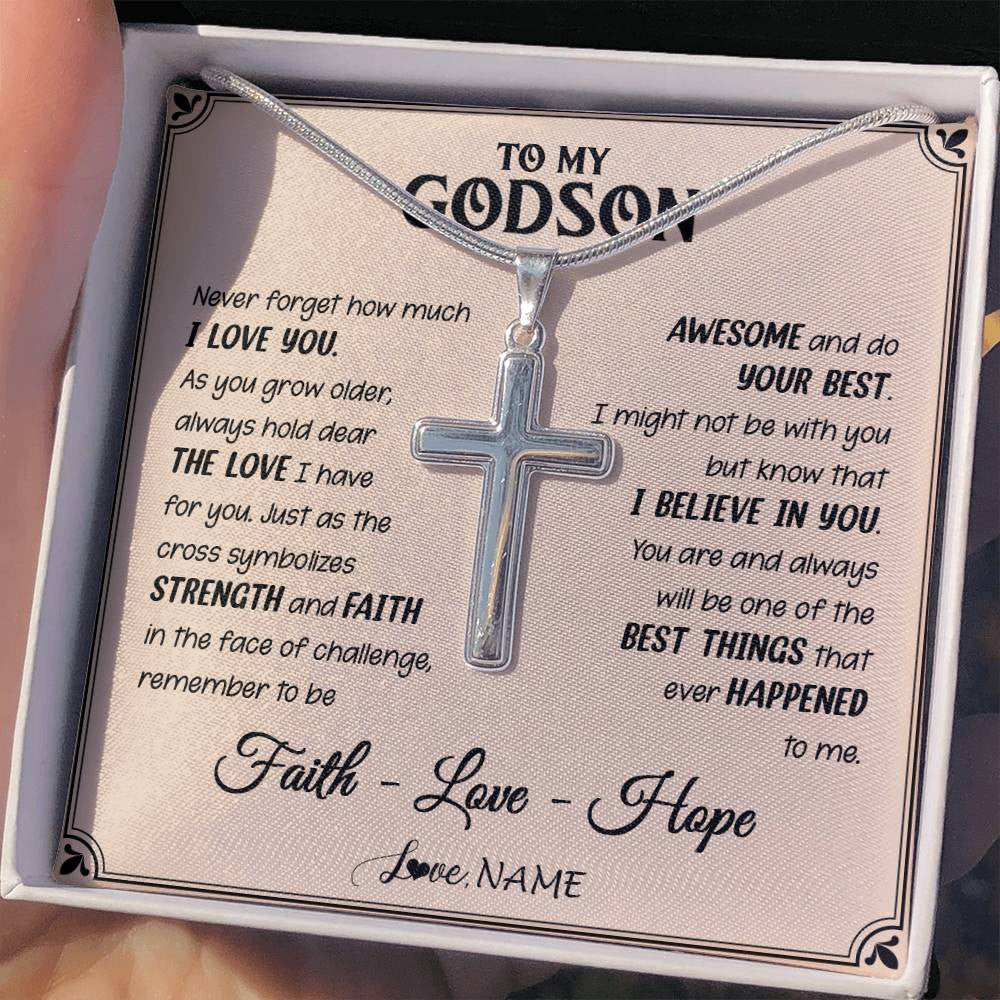 Stainless Cross Necklace Stainless Steel | 2 | Personalized To My Godson Cross Necklace From Godmother Strength And Faith Godson Birthday Gifts Graduation Christmas Customized Gift Box Message Card | siriusteestore