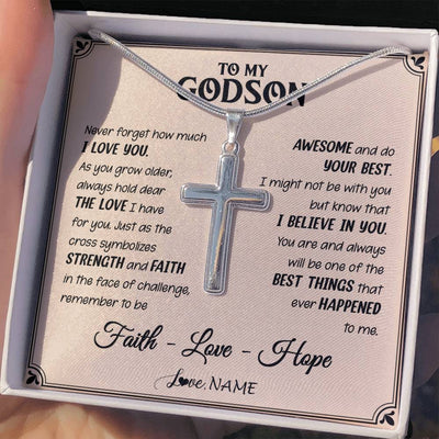 Stainless Cross Necklace Stainless Steel | 2 | Personalized To My Godson Cross Necklace From Godmother Strength And Faith Godson Birthday Gifts Graduation Christmas Customized Gift Box Message Card | siriusteestore