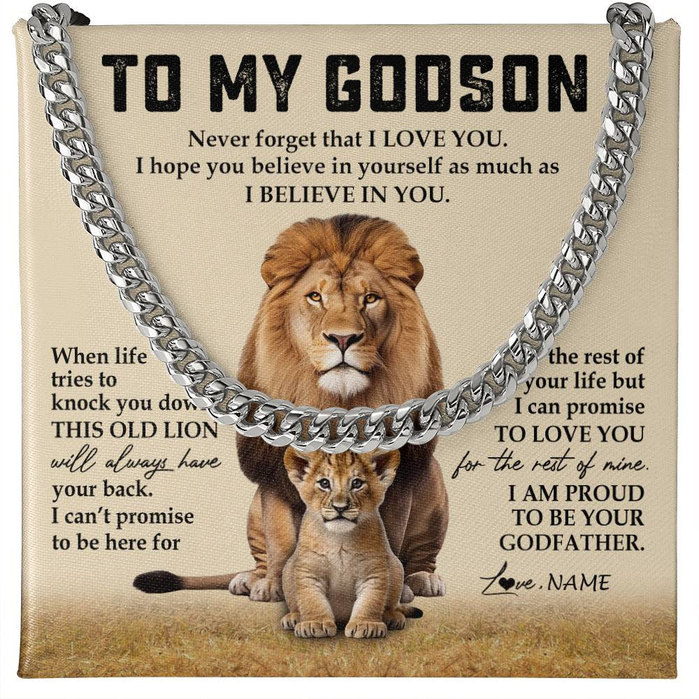 Cuban Link Chain Necklace Stainless Steel | 1 | Personalized To My Godson Cuban Necklace From Godfather Never Forget That I Love You Lion Godson Birthday Graduation Christmas Customized Gift Box Message Card | siriusteestore