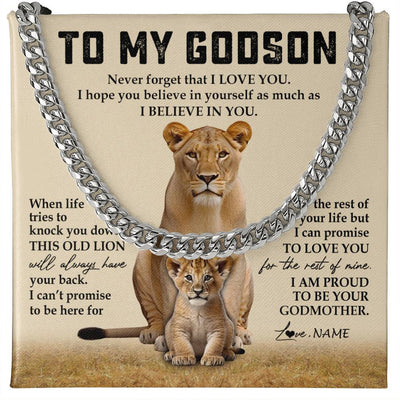 Cuban Link Chain Necklace Stainless Steel | 1 | Personalized To My Godson Cuban Necklace From Godmother Never Forget That I Love You Lion Godson Birthday Graduation Christmas Customized Gift Box Message Card | siriusteestore