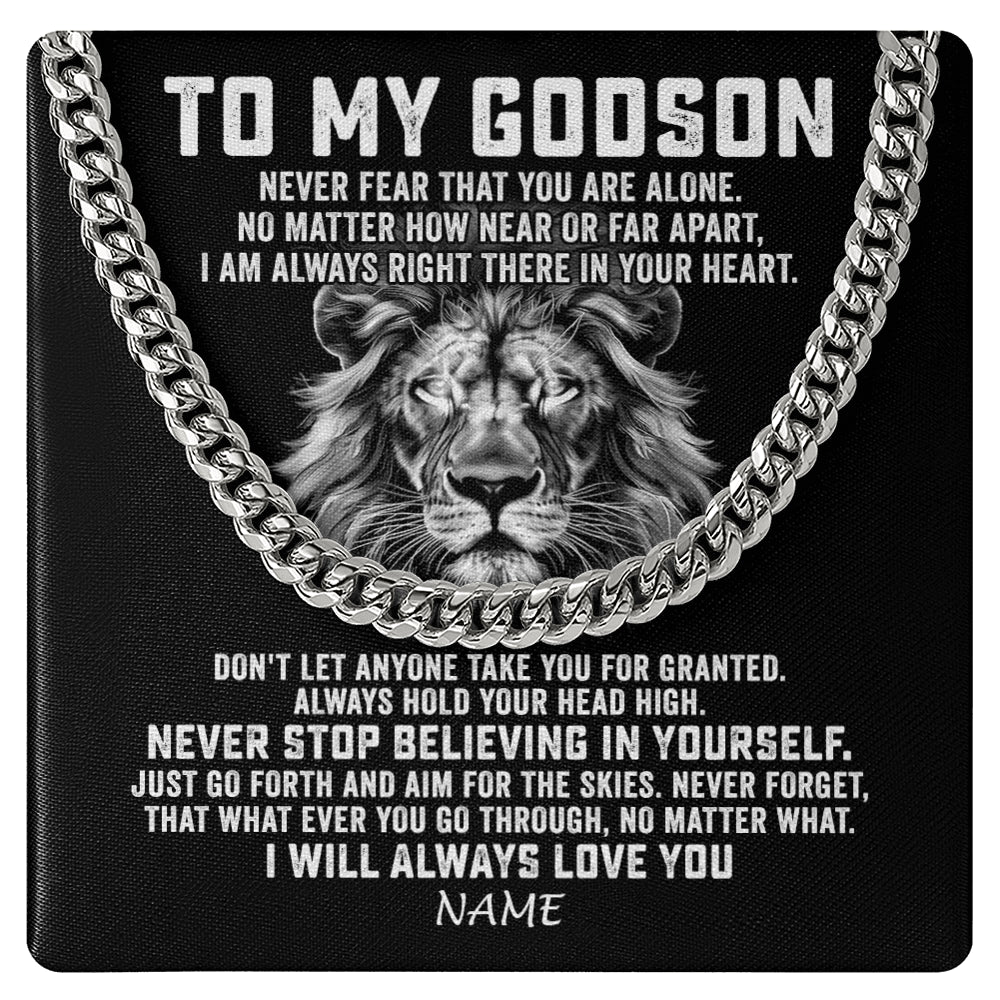 Cuban Link Chain Necklace Stainless Steel | 1 | Personalized To My Godson Cuban Necklace From Uncle Aunt Never Fear That You Are Alone Lion Godson Birthday Christmas Customized Gift Box Message Card | siriusteestore