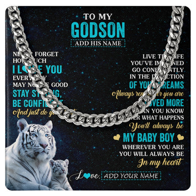 Cuban Link Chain Necklace Stainless Steel | 1 | Personalized To My Godson Gifts From Aunt Necklace White Tiger Never Forget How Much I Love You Godson Birthday Graduation Christmas Gift Box Message Card | siriusteestore.myshopify