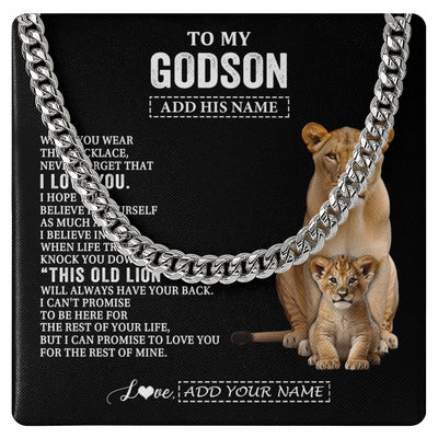 Cuban Link Chain Necklace Stainless Steel | 1 | Personalized To My Godson Gifts From Godmother Necklace This Old Lion Love You Godson Birthday Gifts Graduation Christmas Customized Gift Box Message Card | https://siriusteestore.