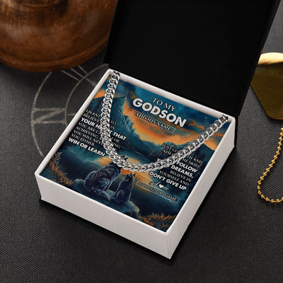 Cuban Link Chain Necklace Stainless Steel | 2 | Personalized To My Godson Gifts From Godmother Uncle Necklace Don't Give Up Wolf Gifts For Godson Birthday Graduation Christmas Custom Gift Box Message Card | siriusteestore