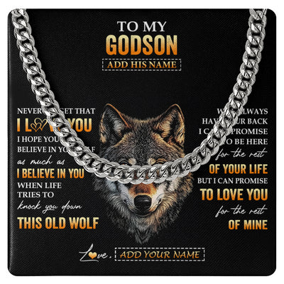 Cuban Link Chain Necklace Stainless Steel | 1 | Personalized To My Godson Gifts From Uncle Godfather Aunt Necklace Old Wolf Love You Godson Birthday Gifts Graduation Christmas Custom Gift Box Message Card | siriusteestore