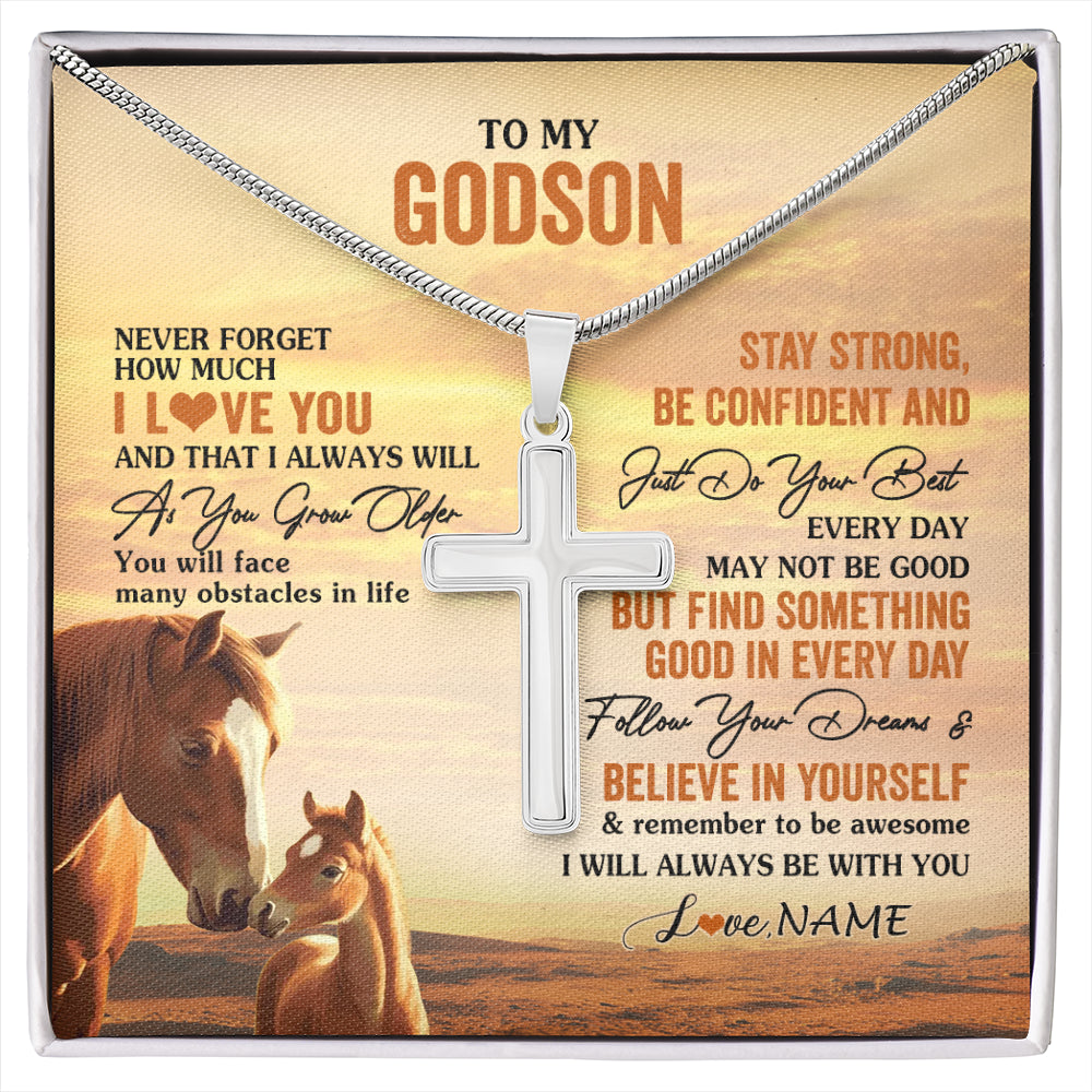 Stainless Cross Necklace Stainless Steel | 1 | Personalized To My Godson I Love You Forever Necklace From Godfather Godmother Horse Godson Birthday Graduation Christmas Customized Gift Box Message Card | siriusteestore