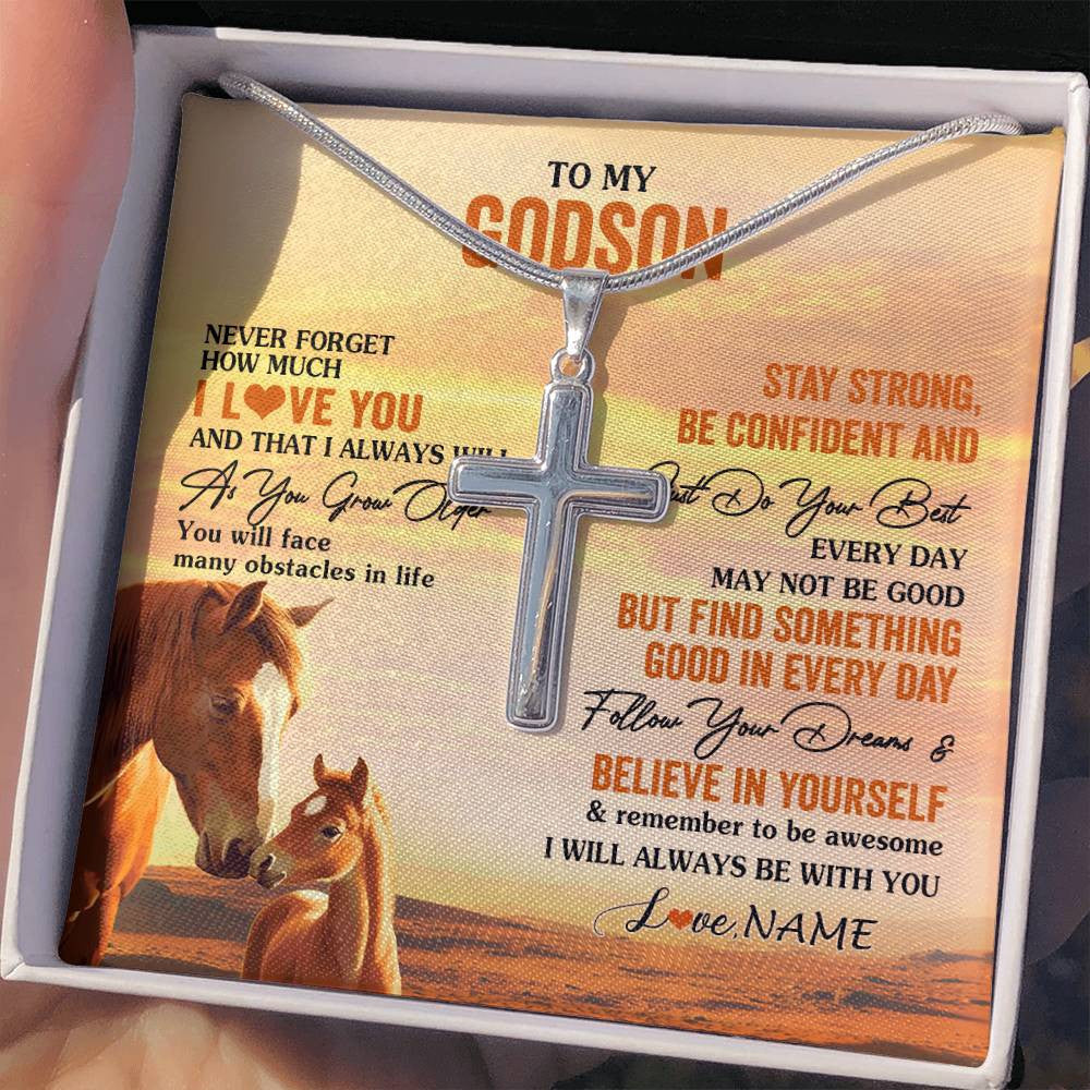 Stainless Cross Necklace Stainless Steel | 2 | Personalized To My Godson I Love You Forever Necklace From Godfather Godmother Horse Godson Birthday Graduation Christmas Customized Gift Box Message Card | siriusteestore