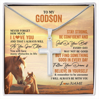 Stainless Cross Necklace Stainless Steel | 1 | Personalized To My Godson I Love You Forever Necklace From Godfather Godmother Horse Godson Birthday Graduation Christmas Customized Gift Box Message Card | siriusteestore