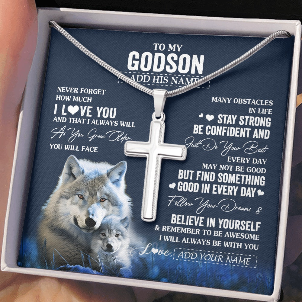 Stainless Cross Necklace Stainless Steel | 2 | Personalized To My Godson I Love You Forever Necklace From Godmother Godfather Wolf Godson Birthday Gifts Graduation Christmas Custom Gift Box Message Card | siriusteestore.myshopify