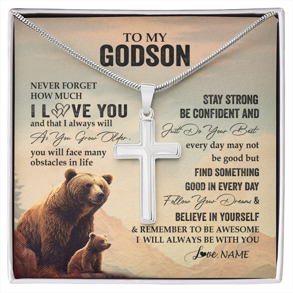 Stainless Cross Necklace Stainless Steel | 1 | Personalized To My Godson I Love You Forever Necklace From Godmother Uncle Bear Godson Birthday Gifts Graduation Christmas Customized Gift Box Message Card | siriusteestore