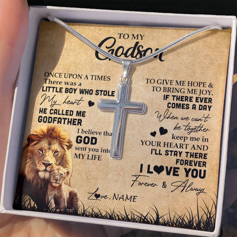 Stainless Cross Necklace | Personalized To My Godson Lion Necklace From Godfather I'll Stay There Forever Godson Birthday Graduation Christmas Customized Gift Box Message Card | siriusteestore