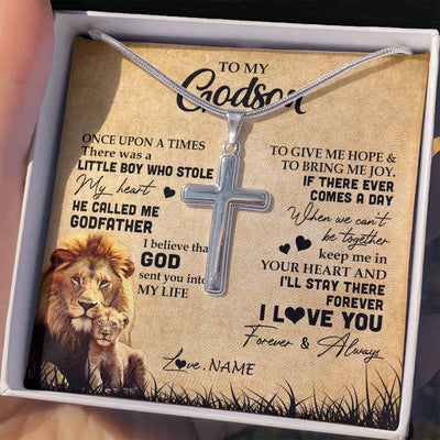 Stainless Cross Necklace | Personalized To My Godson Lion Necklace From Godfather I'll Stay There Forever Godson Birthday Graduation Christmas Customized Gift Box Message Card | siriusteestore