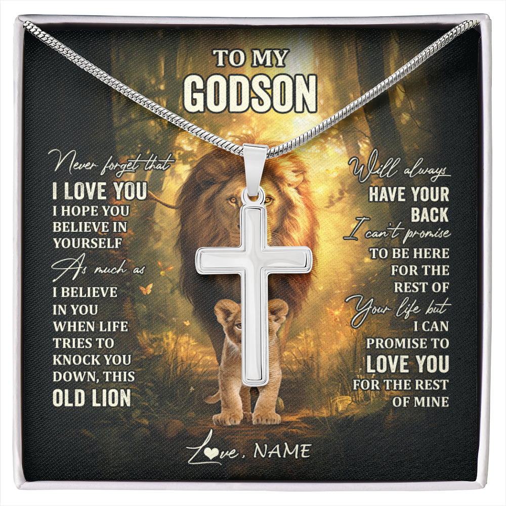 Stainless Cross Necklace Stainless Steel | 1 | Personalized To My Godson Lion Necklace From Godfather Never Forget That I Love You Godson Birthday Graduation Christmas Customized Gift Box Message Card | siriusteestore