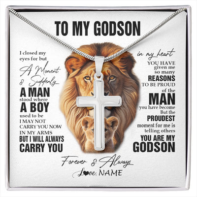 Stainless Cross Necklace Stainless Steel | 1 | Personalized To My Godson Lion Necklace From Godfather Uncle I Closed My Eyes Great Godson Birthday Graduation Christmas Customized Gift Box Message Card | siriusteestore