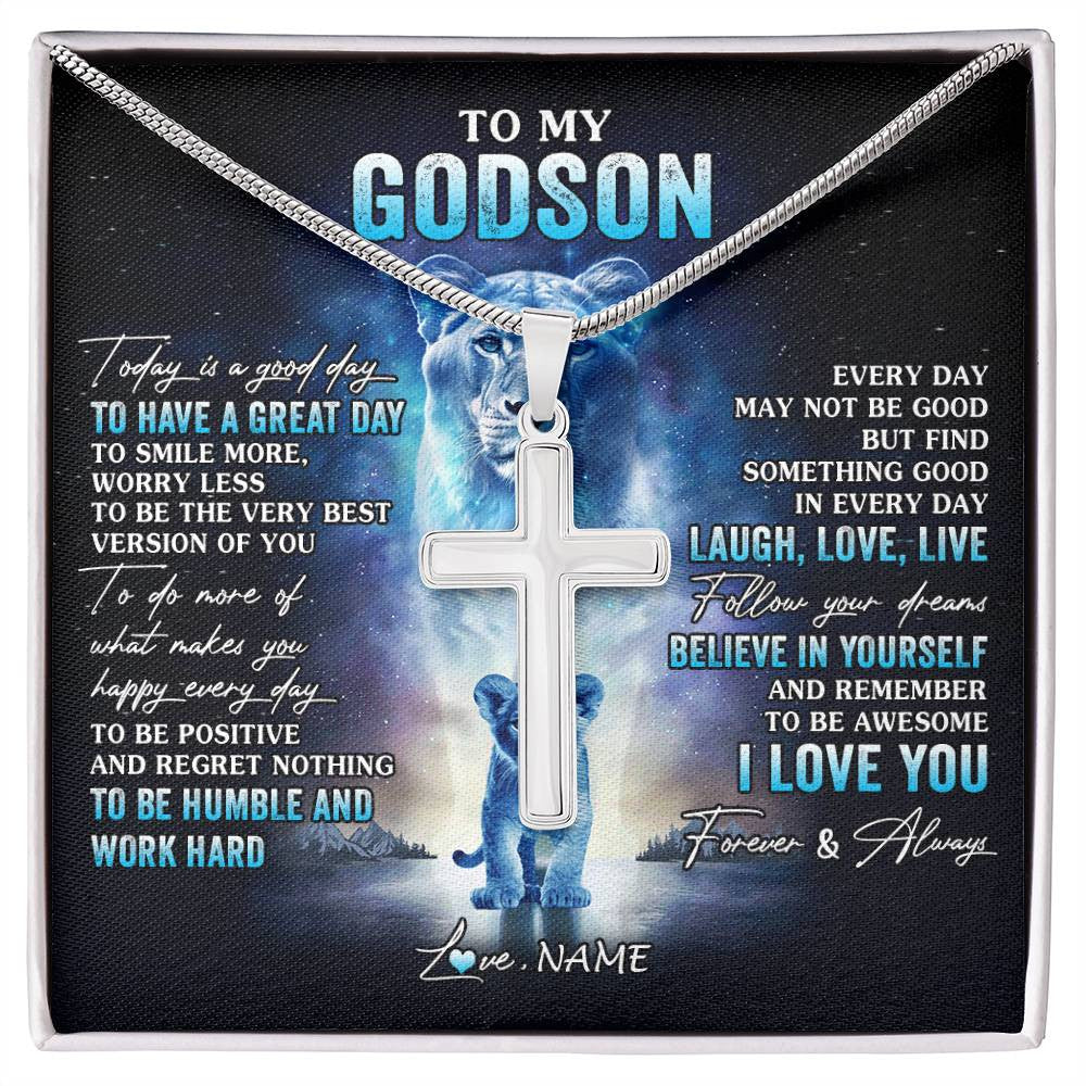 Stainless Cross Necklace Stainless Steel | 1 | Personalized To My Godson Lion Necklace From Godmother Aunt Every Day Laugh Love Live Godson Birthday Graduation Christmas Customized Gift Box Message Card | siriusteestore
