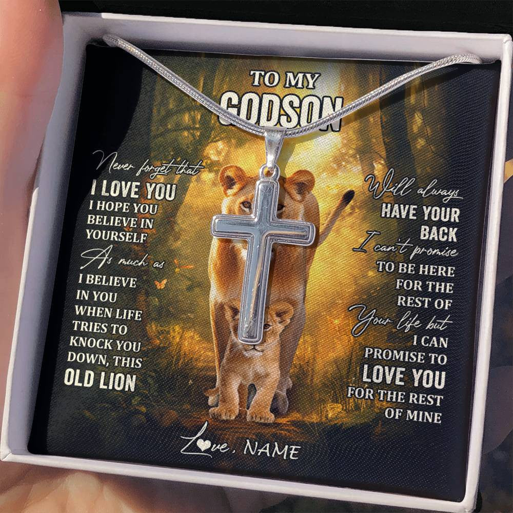 Stainless Cross Necklace Stainless Steel | 2 | Personalized To My Godson Lion Necklace From Godmother Never Forget That I Love You Godson Birthday Graduation Christmas Customized Gift Box Message Card | siriusteestore