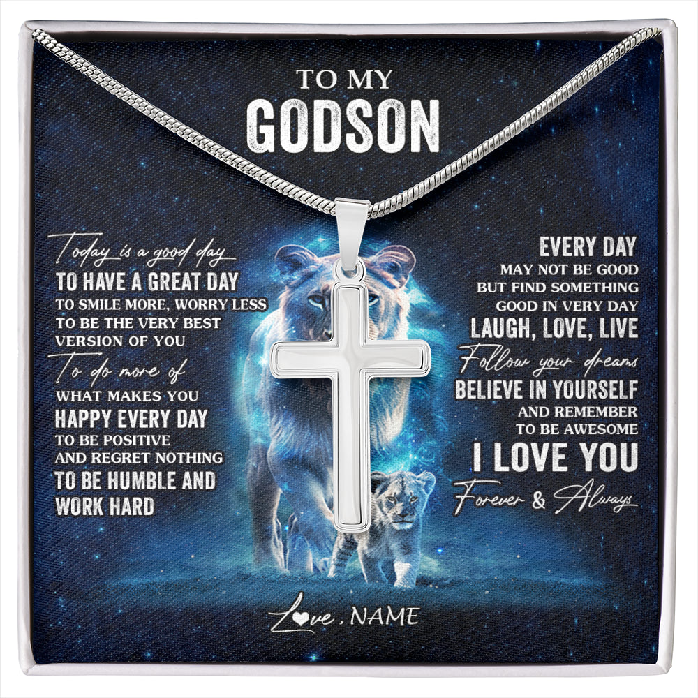 Stainless Cross Necklace Stainless Steel | 1 | Personalized To My Godson Lion Necklace From Godmother Today Is A Good Day Godson Gifts Birthday Graduation Christmas Customized Gift Box Message Card | siriusteestore