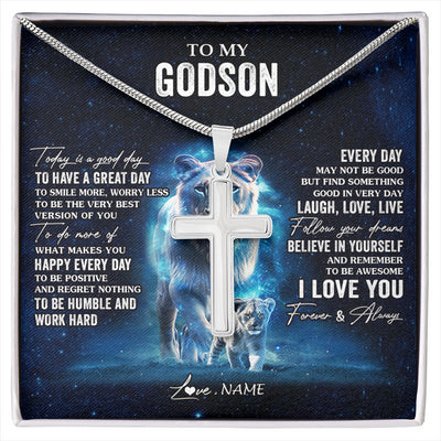 Stainless Cross Necklace Stainless Steel | 1 | Personalized To My Godson Lion Necklace From Godmother Today Is A Good Day Godson Gifts Birthday Graduation Christmas Customized Gift Box Message Card | siriusteestore