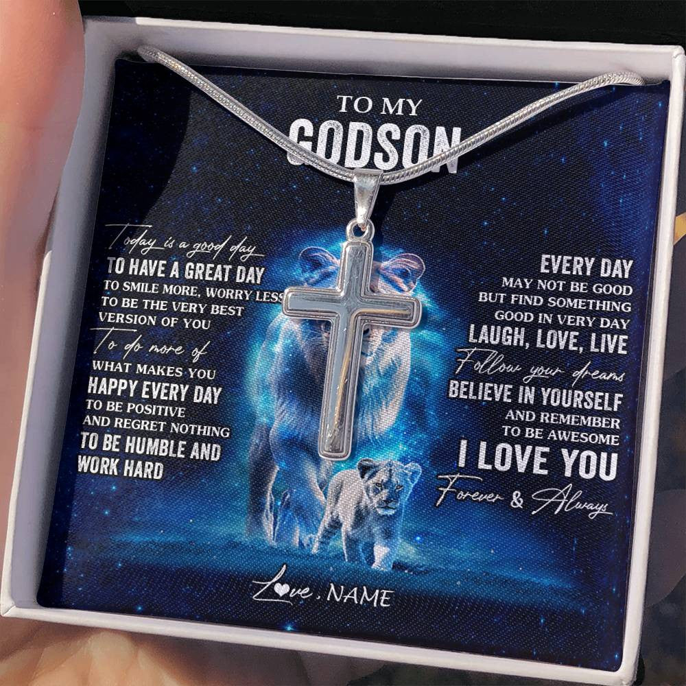 Stainless Cross Necklace Stainless Steel | 2 | Personalized To My Godson Lion Necklace From Godmother Today Is A Good Day Godson Gifts Birthday Graduation Christmas Customized Gift Box Message Card | siriusteestore