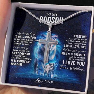 Stainless Cross Necklace Stainless Steel | 2 | Personalized To My Godson Lion Necklace From Godmother Today Is A Good Day Godson Gifts Birthday Graduation Christmas Customized Gift Box Message Card | siriusteestore