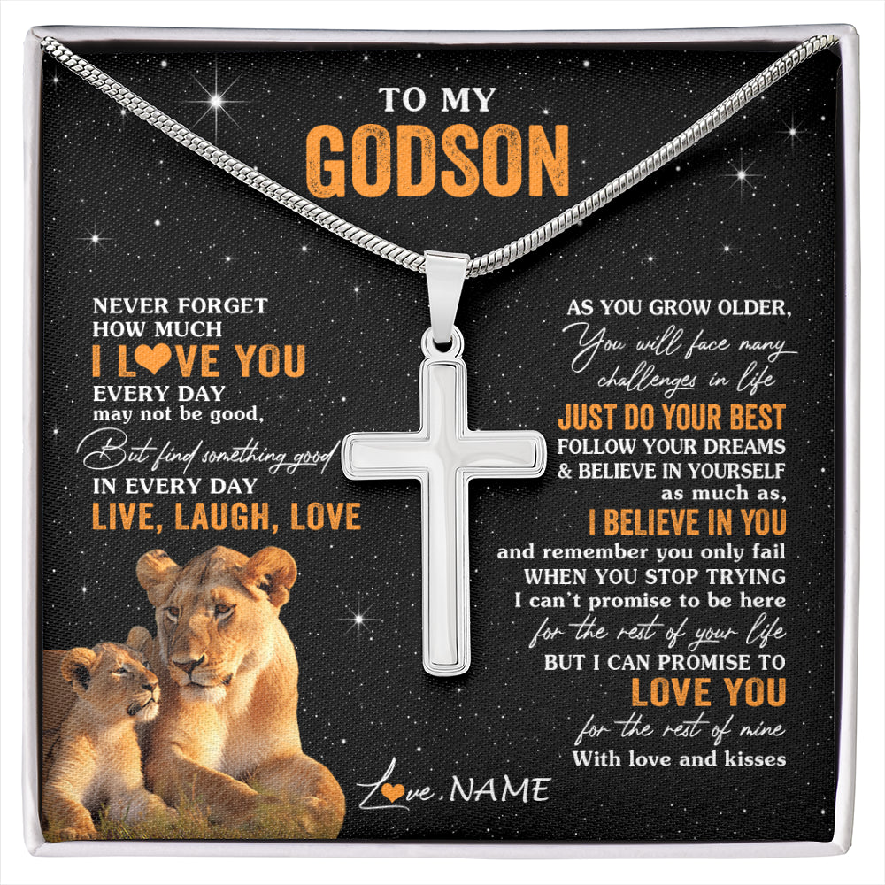 Stainless Cross Necklace Stainless Steel | 1 | Personalized To My Godson Necklace From Aunt Live Laugh Love Lion Godson Birthday Gifts Positive Graduation Christmas Customized Gift Box Message Card | siriusteestore