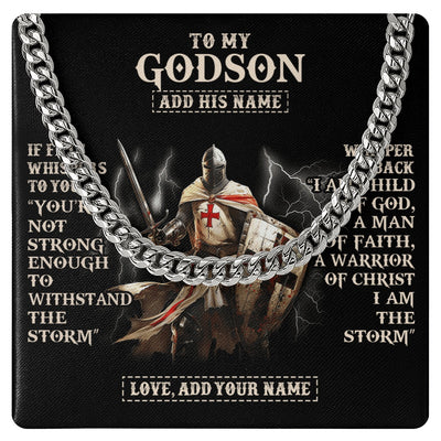 Cuban Link Chain Necklace Stainless Steel | 1 | Personalized To My Godson Necklace From Godfather For Men Warrior Knight Templar I Am The Storm Birthday Gifts For Godson Christmas Gift Box Message Card | https://siriusteestore.