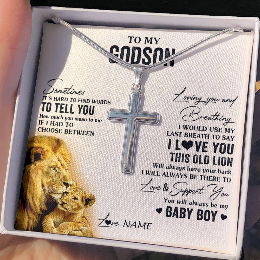 Stainless Cross Necklace Stainless Steel | 2 | Personalized To My Godson Necklace From Godfather I Love You This Old Lion Godson Birthday Graduation Christmas Customized Gift Box Message Card | siriusteestore