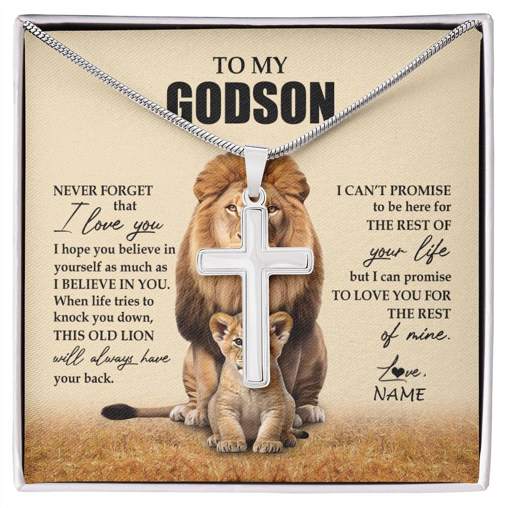 Stainless Cross Necklace Stainless Steel | 1 | Personalized To My Godson Necklace From Godfather Lion Never Forget That I Love You Godson Jewelry Birthday Christmas Customized Message Card | siriusteestore
