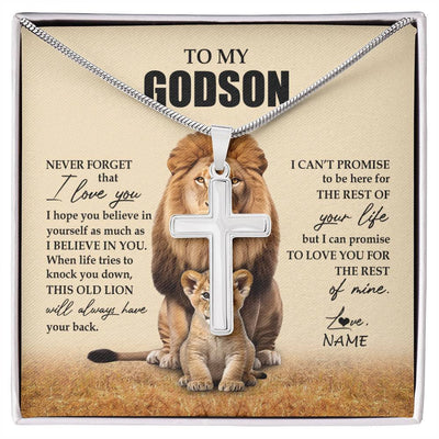 Stainless Cross Necklace Stainless Steel | 1 | Personalized To My Godson Necklace From Godfather Lion Never Forget That I Love You Godson Jewelry Birthday Christmas Customized Message Card | siriusteestore
