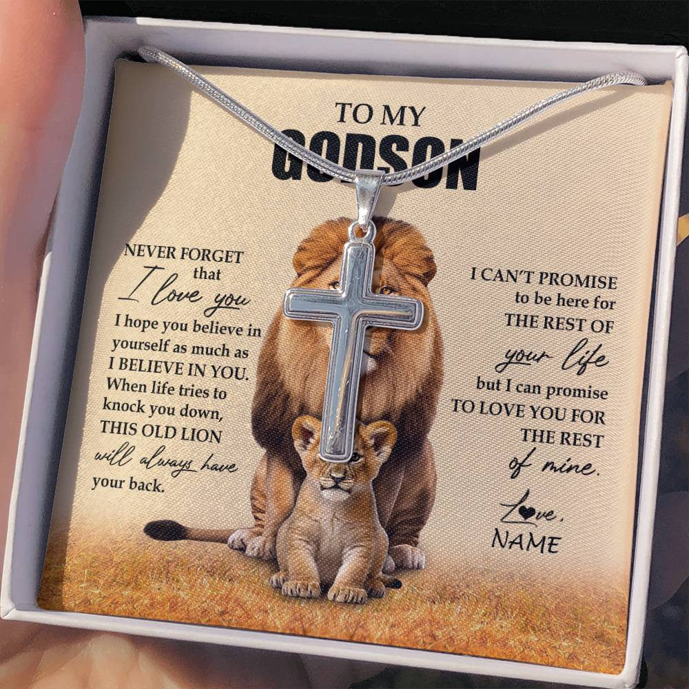 Stainless Cross Necklace Stainless Steel | 2 | Personalized To My Godson Necklace From Godfather Lion Never Forget That I Love You Godson Jewelry Birthday Christmas Customized Message Card | siriusteestore