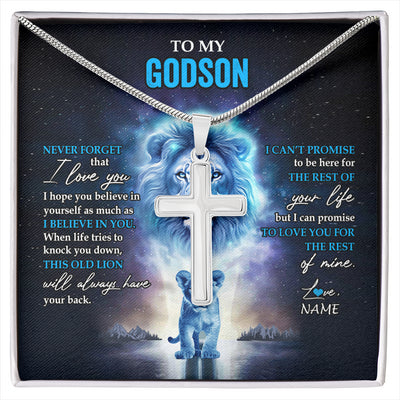 Stainless Cross Necklace Stainless Steel | 1 | Personalized To My Godson Necklace From Godfather Never Forget I Love You Lion Godson Jewelry Birthday Graduation Christmas Customized Message Card | siriusteestore
