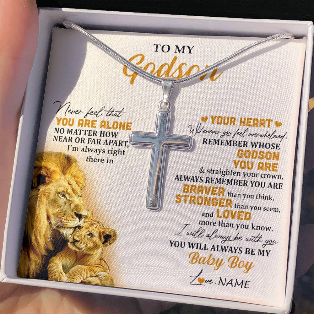 Stainless Cross Necklace Stainless Steel | 2 | Personalized To My Godson Necklace From Godfather Uncle Lion Never Feel That You Are Alone Great Godson Birthday Christmas Customized Gift Box Message Card | siriusteestore