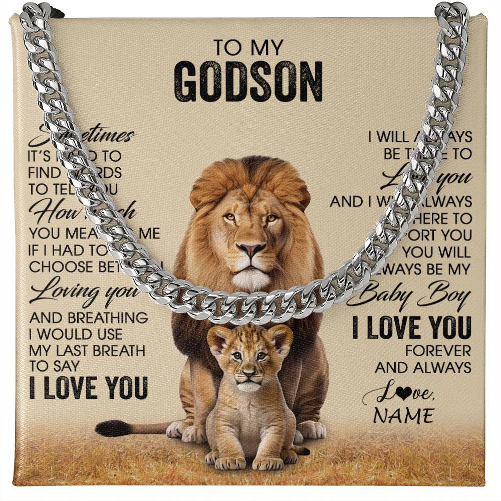 Cuban Link Chain Necklace Stainless Steel | 1 | Personalized To My Godson Necklace From Godfather Uncle Sometimes It's Hard Lion Godson Gift Birthday Jewelry Christmas Customized Gift Box Message Card | siriusteestore