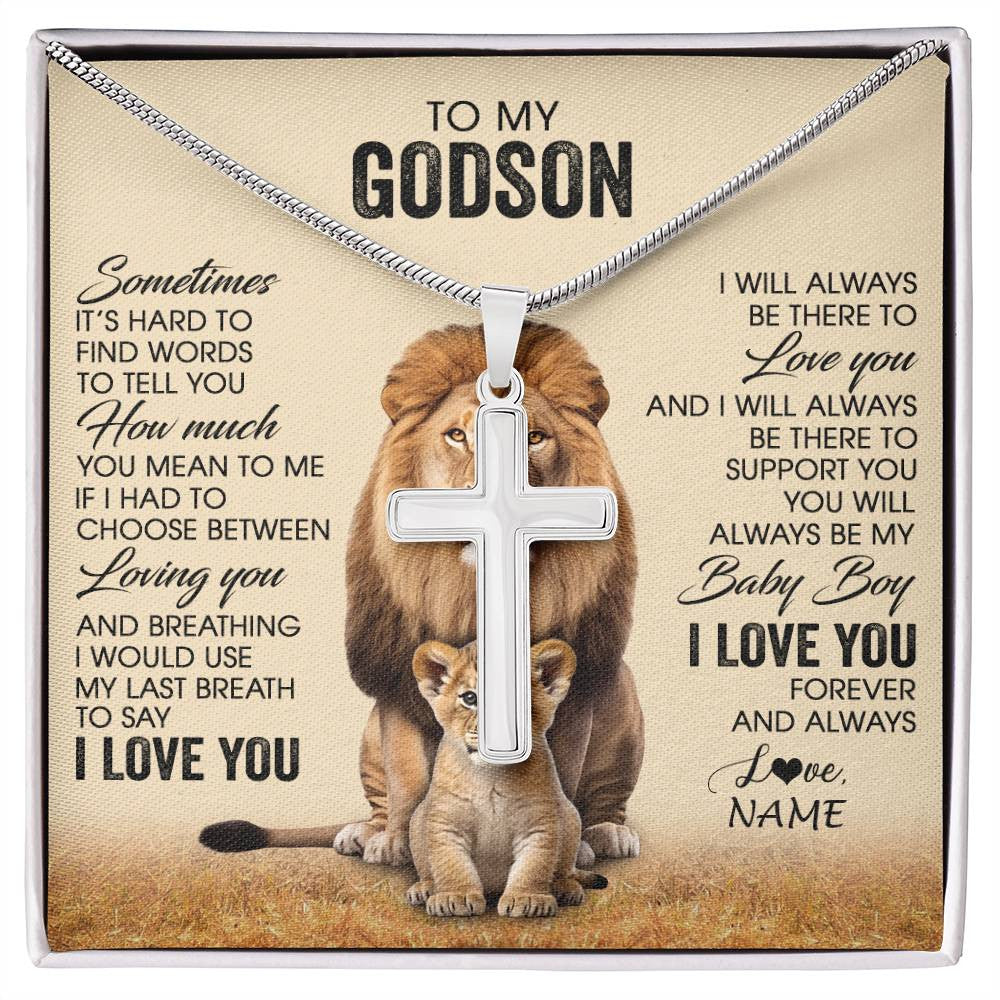 Stainless Cross Necklace Stainless Steel | 1 | Personalized To My Godson Necklace From Godfather Uncle Sometimes It's Hard Lion Godson Gift Birthday Jewelry Christmas Customized Gift Box Message Card | siriusteestore