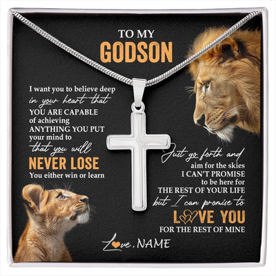 Stainless Cross Necklace Stainless Steel | 1 | Personalized To My Godson Necklace From Godfather Uncle You Will Never Lose Lion Godson Birthday Gifts Graduation Christmas Customized Gift Box Message Card | siriusteestore