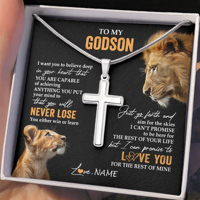 Stainless Cross Necklace Stainless Steel | 2 | Personalized To My Godson Necklace From Godfather Uncle You Will Never Lose Lion Godson Birthday Gifts Graduation Christmas Customized Gift Box Message Card | siriusteestore