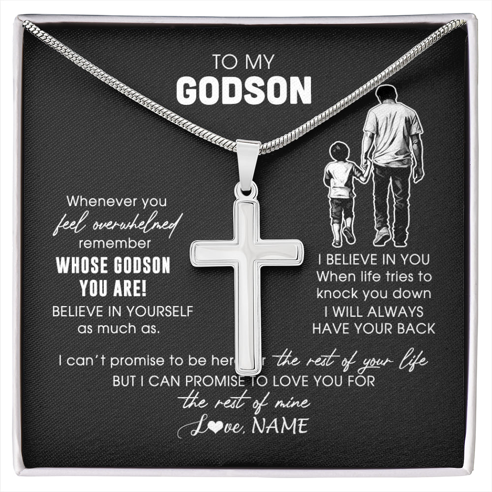Stainless Cross Necklace Stainless Steel | 1 | Personalized To My Godson Necklace From Godfather Whenever You Feel Overwhelmed Godson Jewelry Birthday Graduation Christmas Customized Gift Box Message Card | siriusteestore