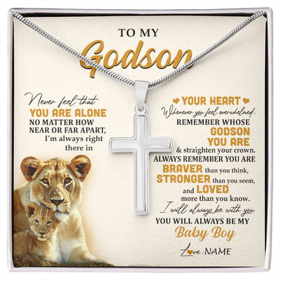 Stainless Cross Necklace Stainless Steel | 1 | Personalized To My Godson Necklace From Godmother Aunt Lion Never Feel That You Are Alone Great Godson Birthday Christmas Customized Gift Box Message Card | siriusteestore