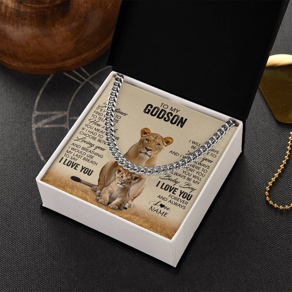 Cuban Link Chain Necklace Stainless Steel | 2 | Personalized To My Godson Necklace From Godmother Aunt Sometimes It's Hard Lion Godson Gift Birthday Jewelry Christmas Customized Gift Box Message Card | siriusteestore