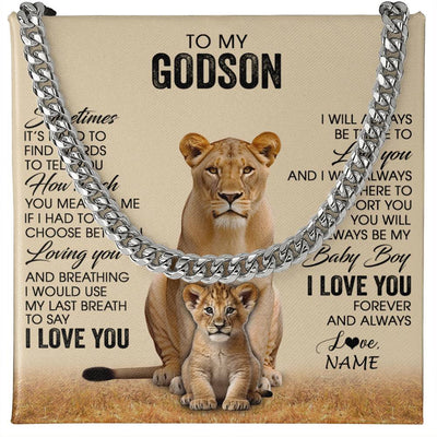 Cuban Link Chain Necklace Stainless Steel | 1 | Personalized To My Godson Necklace From Godmother Aunt Sometimes It's Hard Lion Godson Gift Birthday Jewelry Christmas Customized Gift Box Message Card | siriusteestore