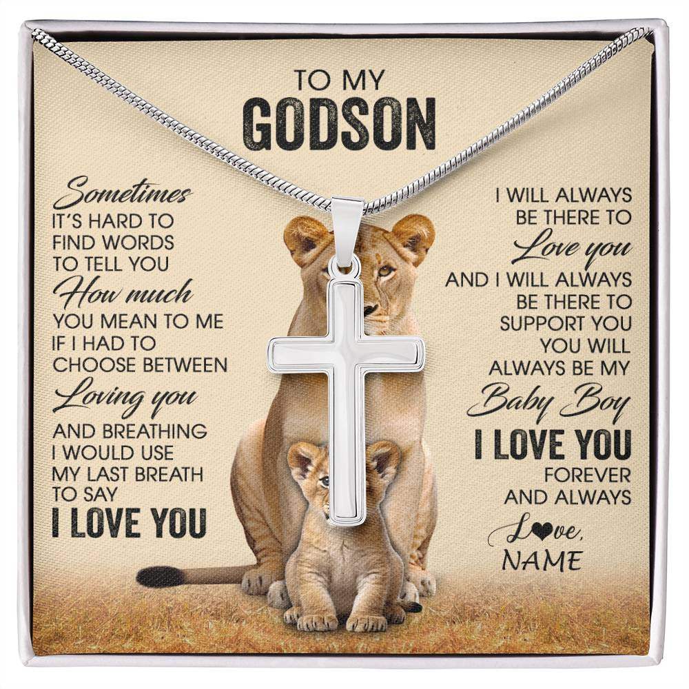 Stainless Cross Necklace Stainless Steel | 1 | Personalized To My Godson Necklace From Godmother Aunt Sometimes It's Hard Lion Godson Gift Birthday Jewelry Christmas Customized Gift Box Message Card | siriusteestore