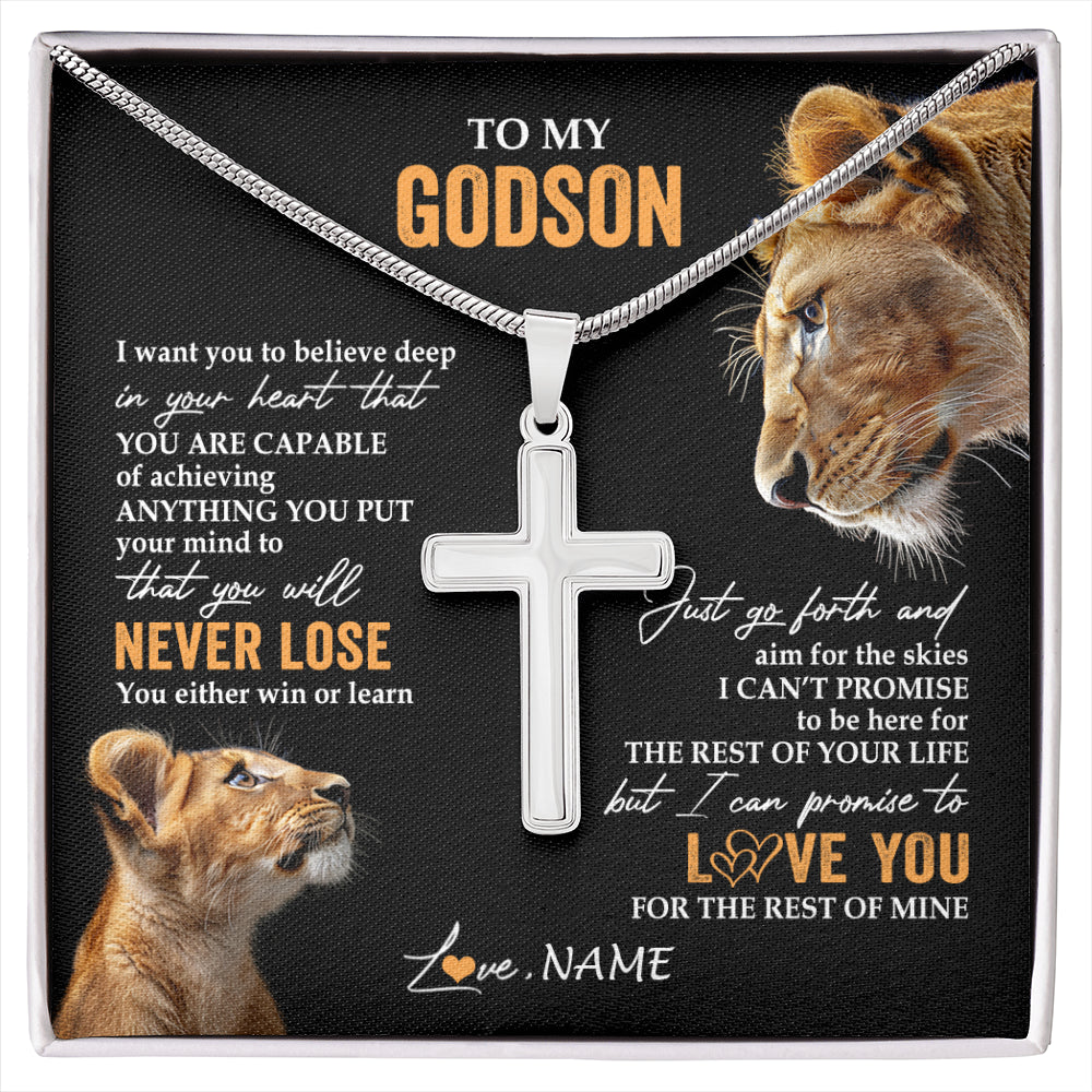 Stainless Cross Necklace Stainless Steel | 1 | Personalized To My Godson Necklace From Godmother Aunt You Will Never Lose Lion Godson Birthday Gifts Graduation Christmas Customized Gift Box Message Card | siriusteestore