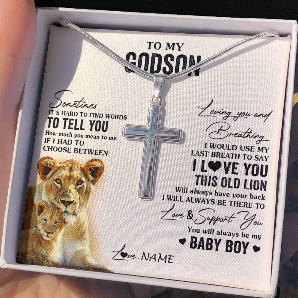 Stainless Cross Necklace Stainless Steel | 2 | Personalized To My Godson Necklace From Godmother I Love You This Old Lion Godson Birthday Graduation Christmas Customized Gift Box Message Card | siriusteestore