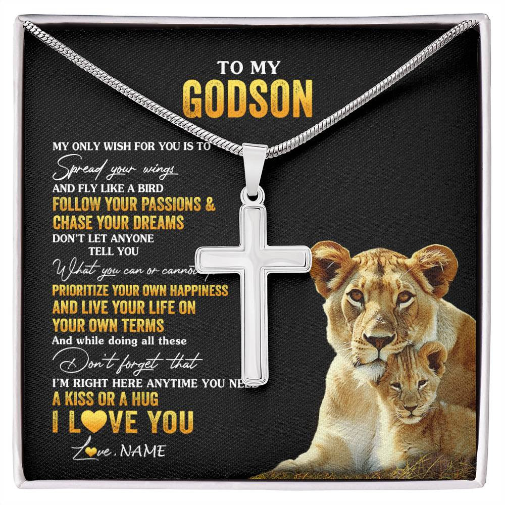 Stainless Cross Necklace Stainless Steel | 1 | Personalized To My Godson Necklace From Godmother Lion My Only Wish For You Godchild Birthday Graduation Christmas Customized Gift Box Message Card | siriusteestore