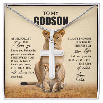 Stainless Cross Necklace Stainless Steel | 1 | Personalized To My Godson Necklace From Godmother Lion Never Forget That I Love You Godson Jewelry Birthday Christmas Customized Message Card | siriusteestore