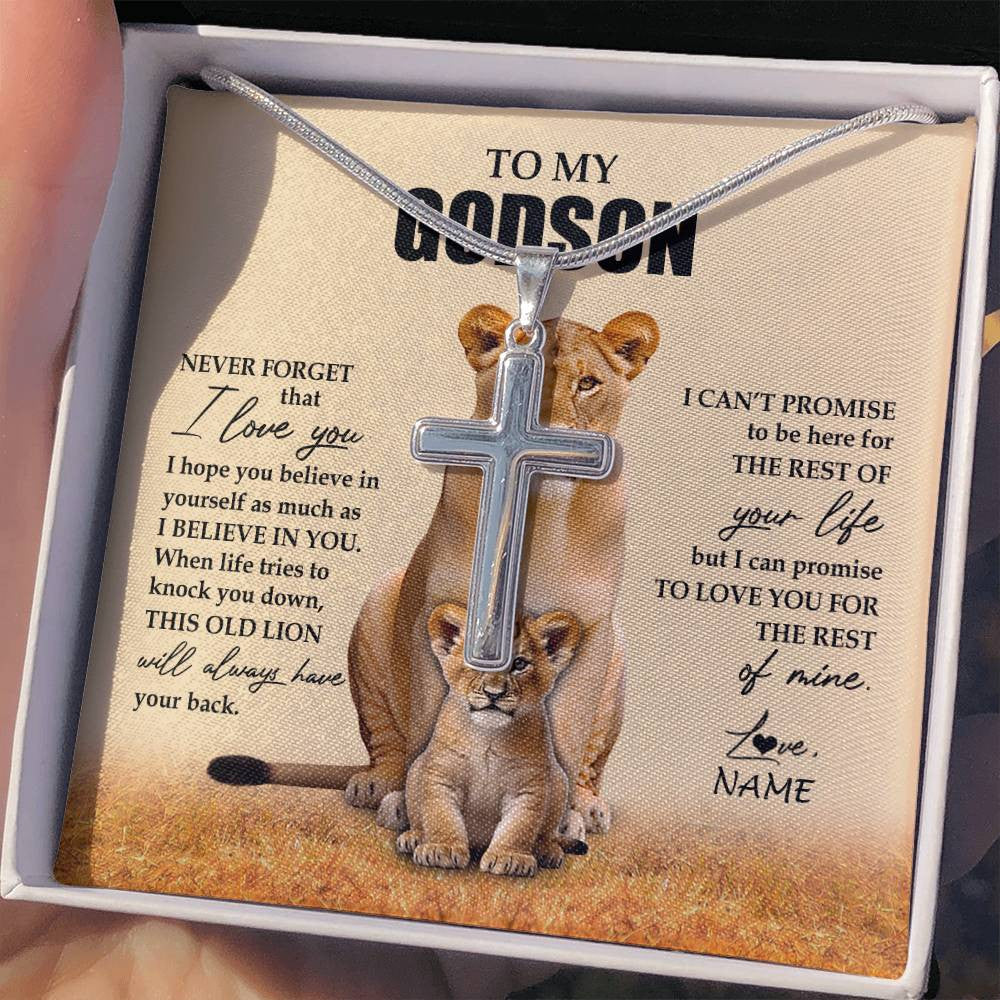 Stainless Cross Necklace Stainless Steel | 2 | Personalized To My Godson Necklace From Godmother Lion Never Forget That I Love You Godson Jewelry Birthday Christmas Customized Message Card | siriusteestore